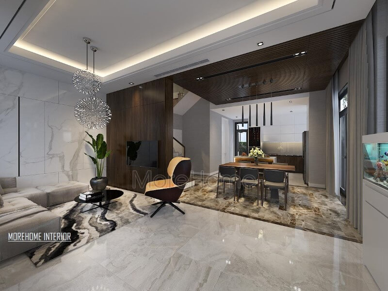 Điểm nhấn ấn tượng giữa gỗ ốp tường cùng đá lát sàn cao cấp tạo nên ánh nhìn hiện đại, cuốn hút cho phòng khách liền bếp ăn. Thiết kế phòng khách nhà phố