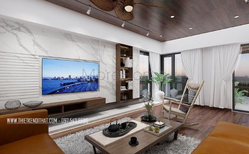 Thiết kế nội thất phòng khách đẹp cho biệt thự, nhà phố với đá ốp tường vân mấy trang trí đẹp mắt, sang trọng. Thiết kế phòng khách nhà phố