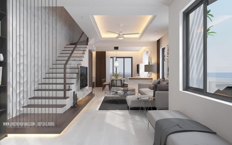 Thiết kế nội thất phòng khách liền phòng bếp ăn đẹp cùng cầu thang dây cáp tạo nét hiện đại, độc đáo cho biệt thự, nhà phố. Thiết kế phòng khách nhà phố