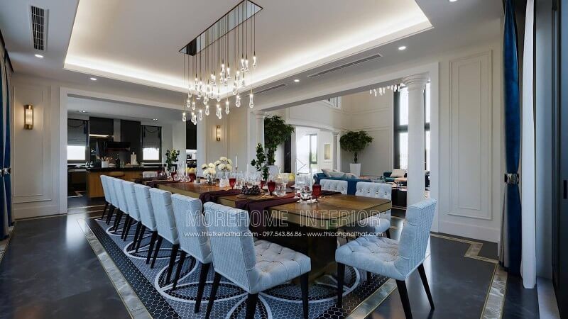 Trang trí nội thất phòng ăn đẹp với đèn thả trần, đá hoa văn
