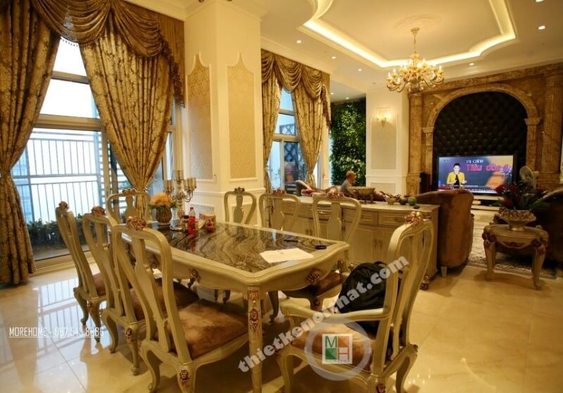 Bộ bàn ghế ăn tân cổ điển mặt kính cường lực lộ mặt bàn vân đá