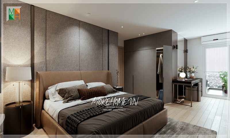 Giường ngủ bọc da màu nâu hiện đại thoải mái mang tới những giấc ngủ ngon, nghỉ ngơi của gia chủ