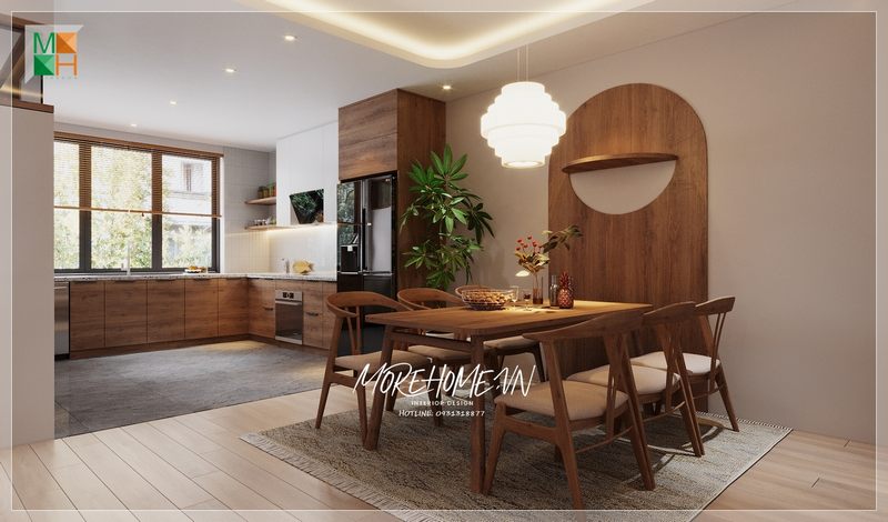 Một không gian mở giữa không gian ăn với bếp tạo sự gắn kết giữa các thành viên trong gia đình, tiện lợi dễ dàng cho việc sử dụng hằng ngày.