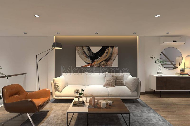 Mẫu sofa phòng khách bọc vải với tông màu trắng hiện đại, đơn giản cho thiết kế nhà phố đẹp