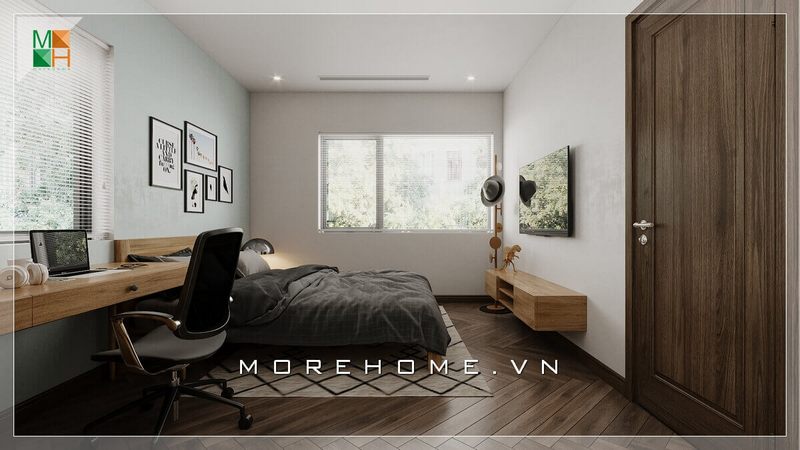 Thiết kế phòng ngủ với 2 cửa sổ lớn giúp lấy ánh sáng tự nhiên và tạo độ thông thoáng cho căn phòng