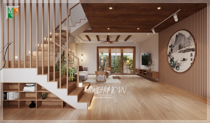 Kệ tủ tivi treo tường gỗ tự nhiên tô điểm, trang trí cho không gian tiện nghi.