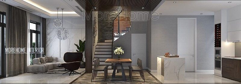 Trang trí phòng khách, bếp ăn hiện đại độc lập nhưng không sử dụng rèm che giúp không gian trở nên thông thoáng, rộng rãi.