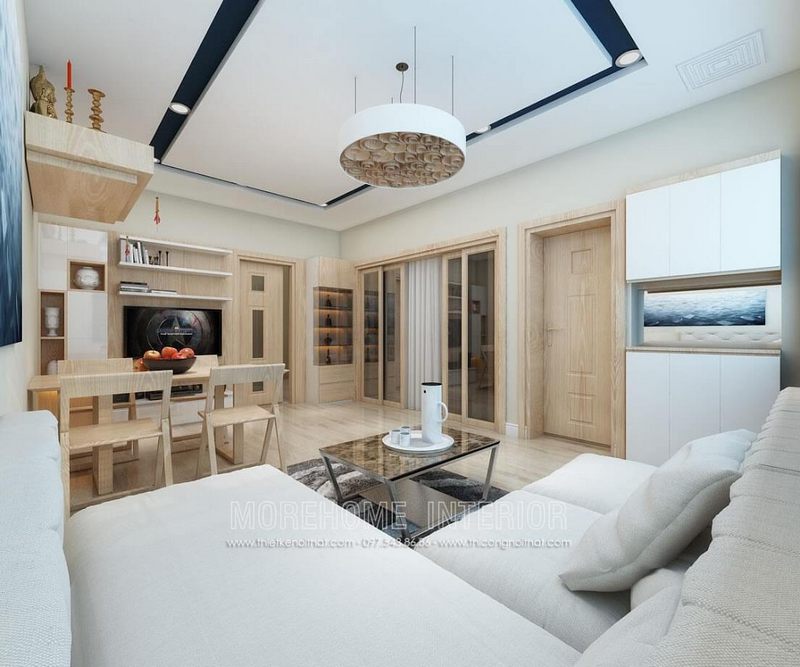 Cửa gỗ Veneer vân gỗ sáng màu của thông phòng MH12 góp phần tạo nên vẻ đẹp tinh tế và mát mắt.