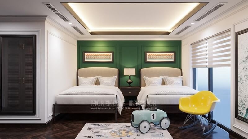 Giường ngủ gỗ tự nhiên với đầu giường bọc nỉ đẹp là sự lựa chọn tuyệt vời cho các bé.